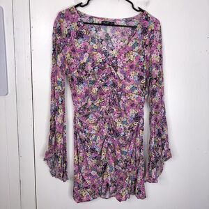 Nasty Gal Dress Bell Sleeves Coquette Bloomcore Florals Bodycon Womens 10 Pink
